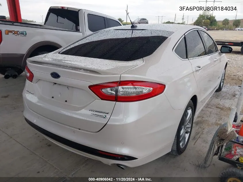 2016 Ford Fusion Hybrid Titanium VIN: 3FA6P0RU8GR184034 Lot: 40906042