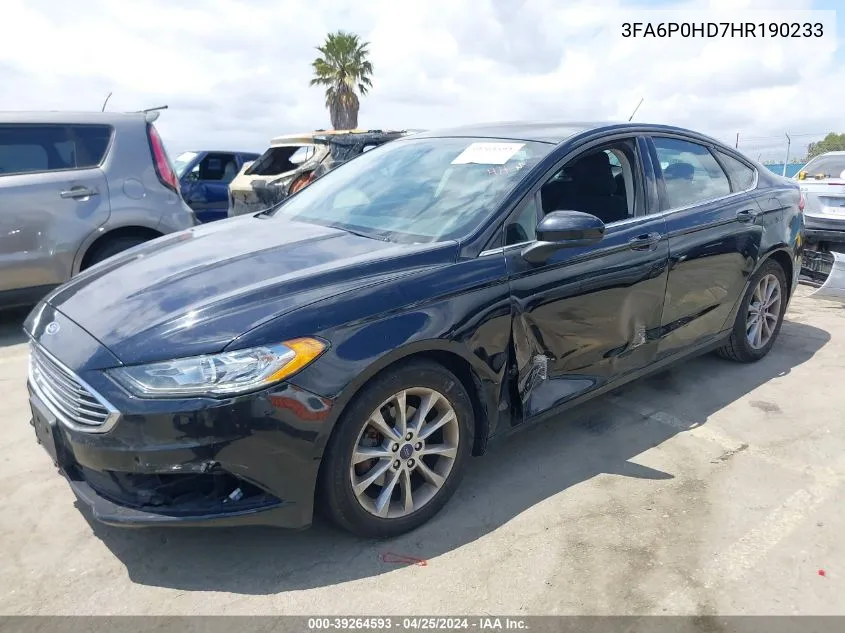 2017 Ford Fusion Se VIN: 3FA6P0HD7HR190233 Lot: 39264593