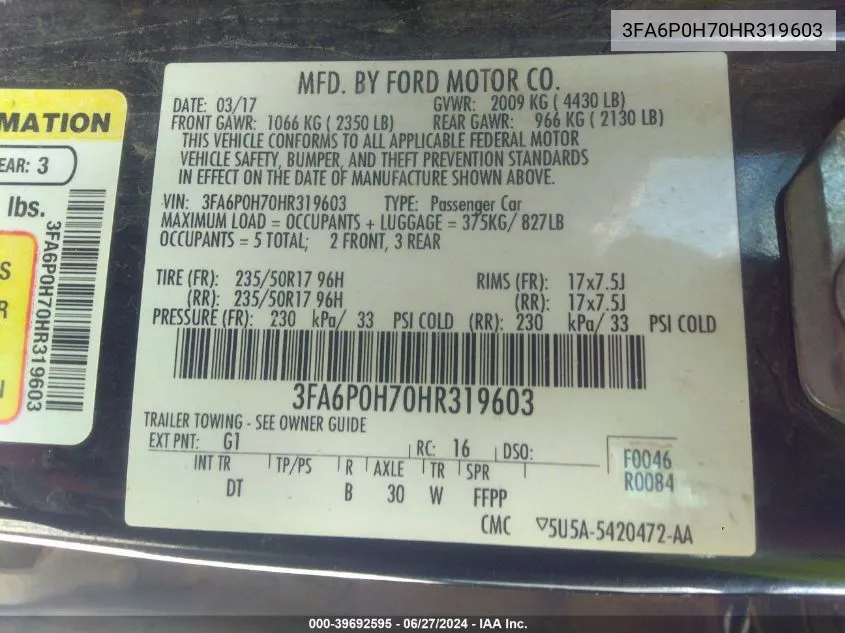 3FA6P0H70HR319603 2017 Ford Fusion Se