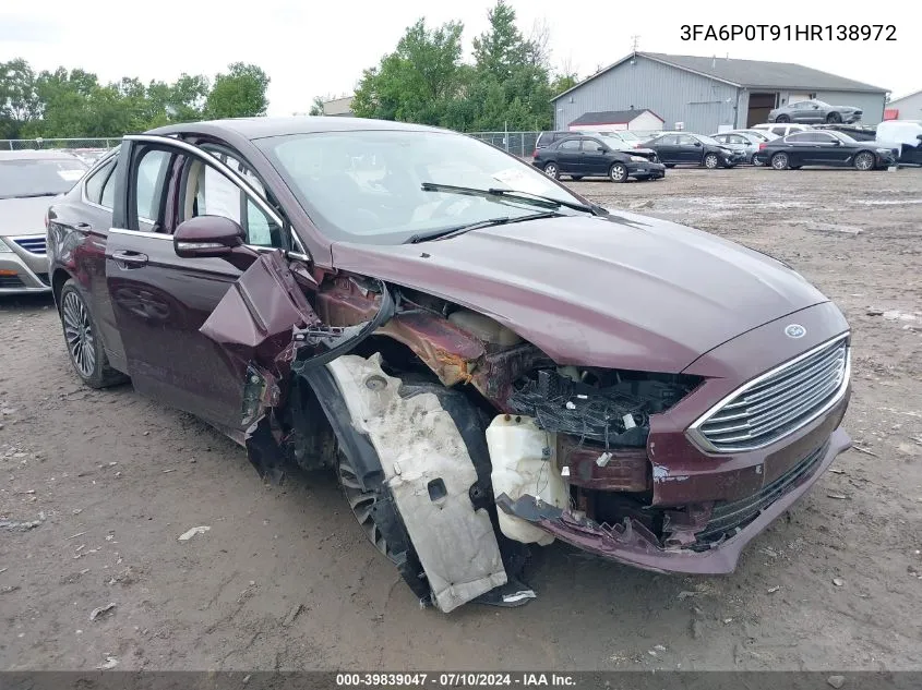 2017 Ford Fusion Se VIN: 3FA6P0T91HR138972 Lot: 39839047