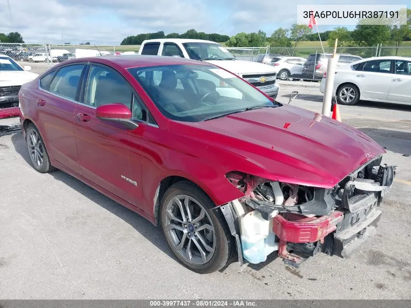 2017 Ford Fusion Hybrid Se VIN: 3FA6P0LU6HR387191 Lot: 39977437