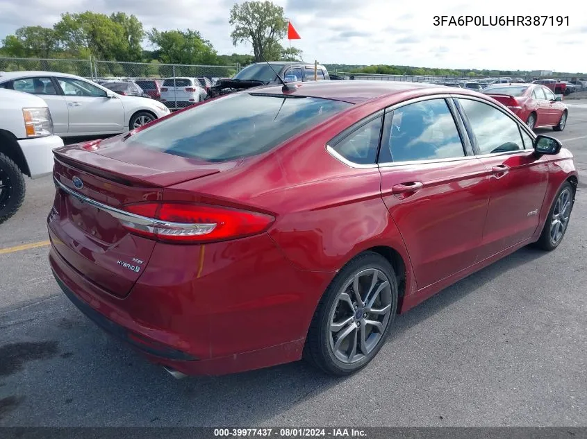 2017 Ford Fusion Hybrid Se VIN: 3FA6P0LU6HR387191 Lot: 39977437