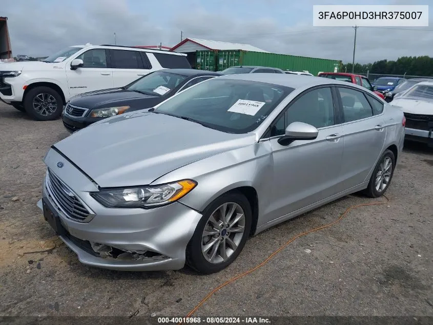 2017 Ford Fusion Se VIN: 3FA6P0HD3HR375007 Lot: 40015968