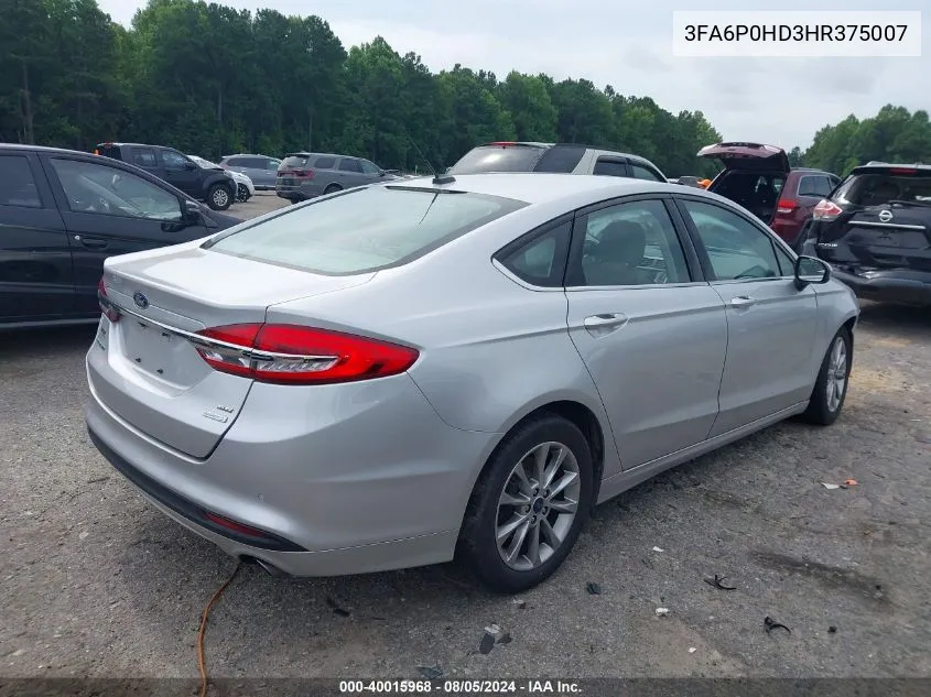 2017 Ford Fusion Se VIN: 3FA6P0HD3HR375007 Lot: 40015968