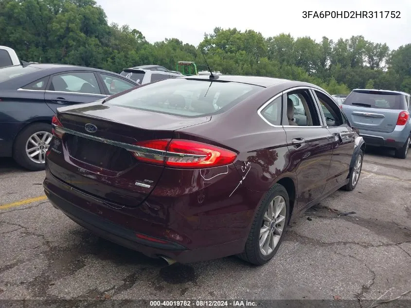 2017 Ford Fusion Se VIN: 3FA6P0HD2HR311752 Lot: 40019782