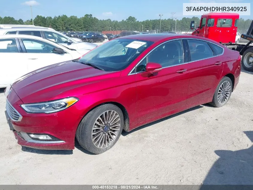 2017 Ford Fusion Se VIN: 3FA6P0HD9HR340925 Lot: 40153218