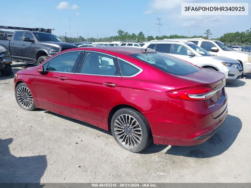 2017 Ford Fusion Se VIN: 3FA6P0HD9HR340925 Lot: 40153218