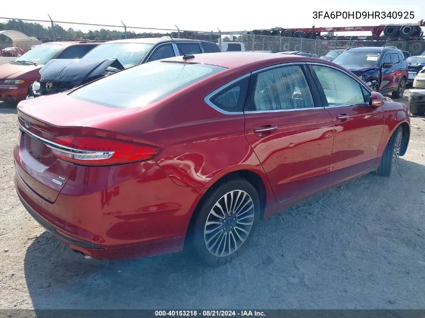 2017 Ford Fusion Se VIN: 3FA6P0HD9HR340925 Lot: 40153218