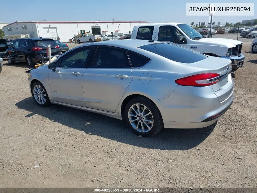 2017 Ford Fusion Hybrid Se VIN: 3FA6P0LUXHR258094 Lot: 40223651