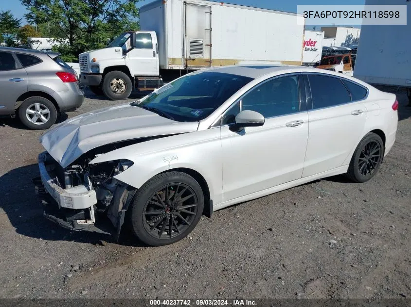 2017 Ford Fusion Se VIN: 3FA6P0T92HR118598 Lot: 40237742