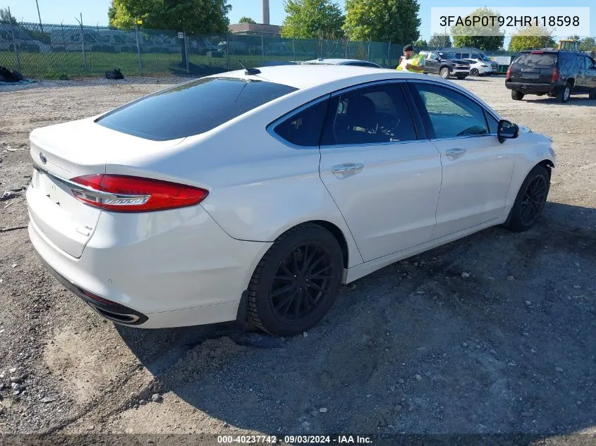 2017 Ford Fusion Se VIN: 3FA6P0T92HR118598 Lot: 40237742