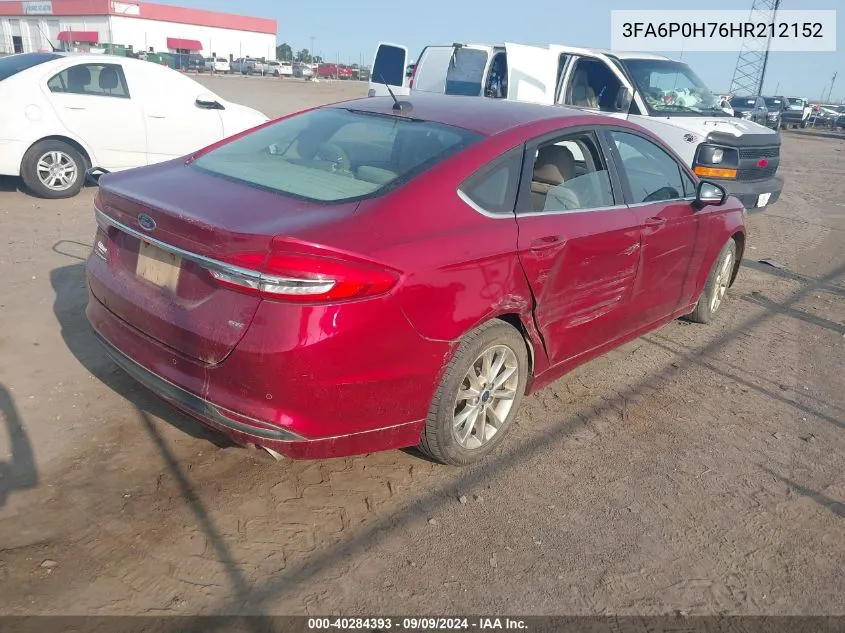 2017 Ford Fusion Se VIN: 3FA6P0H76HR212152 Lot: 40284393