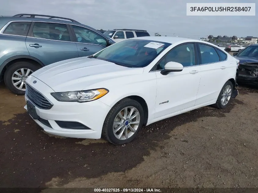 2017 Ford Fusion Hybrid Se VIN: 3FA6P0LU5HR258407 Lot: 40327525