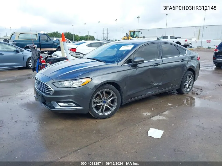 2017 Ford Fusion Se VIN: 3FA6P0HD3HR312148 Lot: 40332571