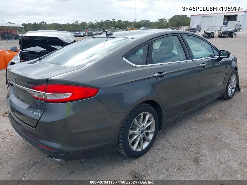 2017 Ford Fusion Hybrid Se VIN: 3FA6P0LU8HR195917 Lot: 40794115