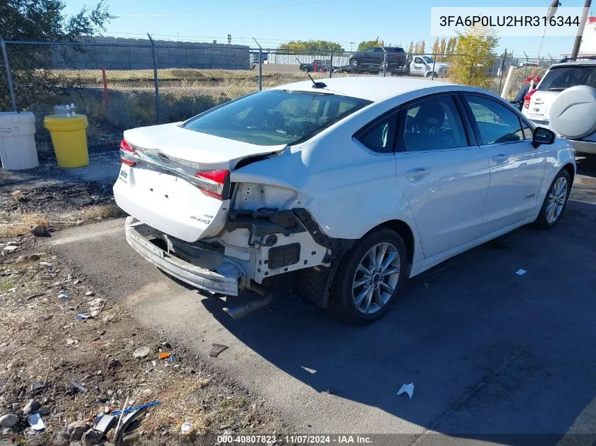 2017 Ford Fusion Hybrid Se VIN: 3FA6P0LU2HR316344 Lot: 40807823