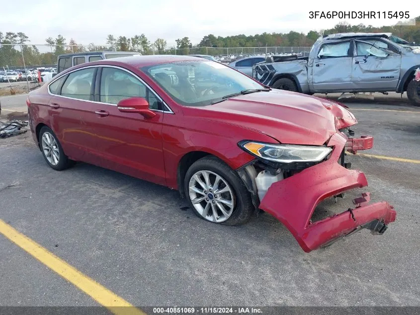 2017 Ford Fusion Se VIN: 3FA6P0HD3HR115495 Lot: 40851069