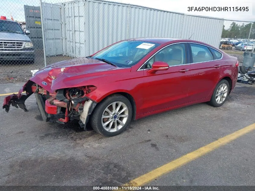 2017 Ford Fusion Se VIN: 3FA6P0HD3HR115495 Lot: 40851069