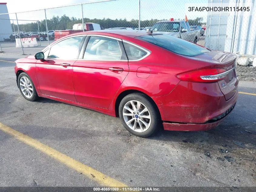 2017 Ford Fusion Se VIN: 3FA6P0HD3HR115495 Lot: 40851069