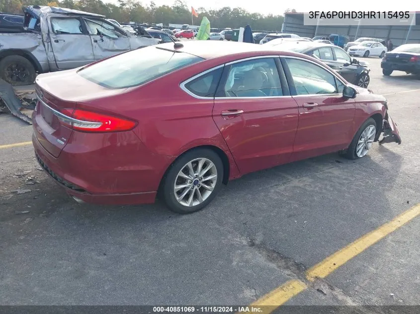 2017 Ford Fusion Se VIN: 3FA6P0HD3HR115495 Lot: 40851069