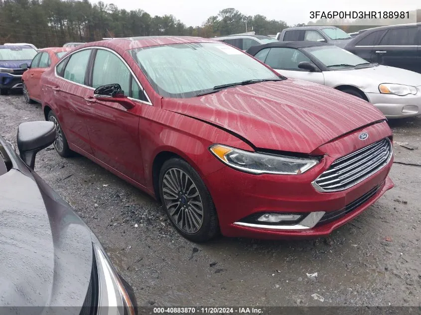 2017 Ford Fusion Se VIN: 3FA6P0HD3HR188981 Lot: 40883870