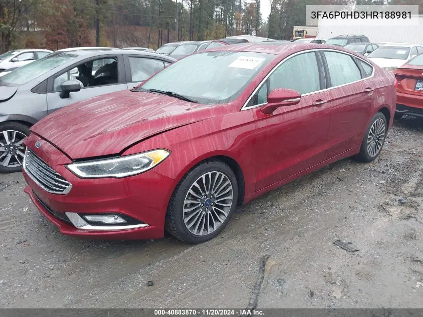 2017 Ford Fusion Se VIN: 3FA6P0HD3HR188981 Lot: 40883870