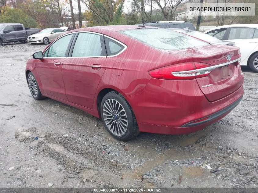 2017 Ford Fusion Se VIN: 3FA6P0HD3HR188981 Lot: 40883870