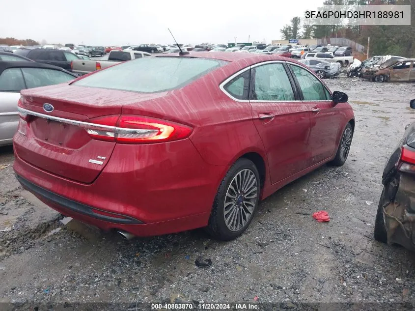 2017 Ford Fusion Se VIN: 3FA6P0HD3HR188981 Lot: 40883870