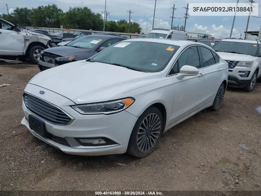 2018 Ford Fusion Titanium VIN: 3FA6P0D92JR138841 Lot: 40163980