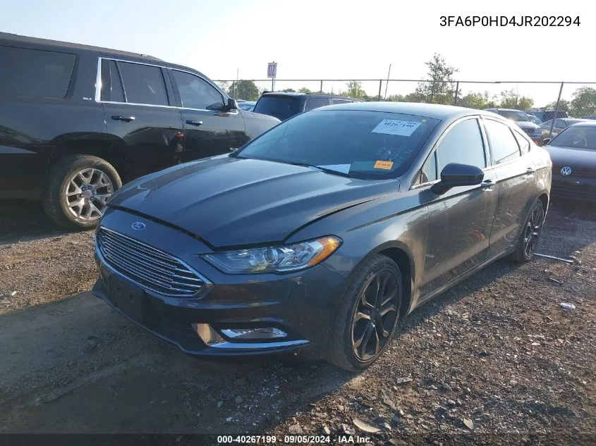 2018 Ford Fusion Se VIN: 3FA6P0HD4JR202294 Lot: 40267199