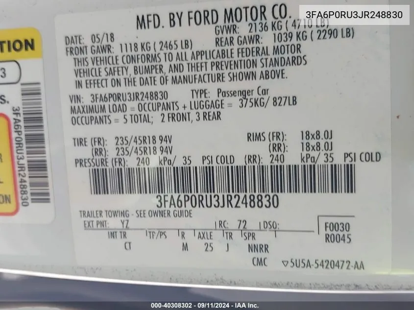 3FA6P0RU3JR248830 2018 Ford Fusion Hybrid Titanium/Platinum Hev