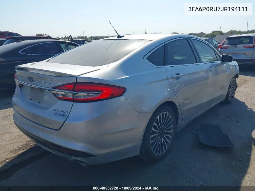 3FA6P0RU7JR194111 2018 Ford Fusion Hybrid Titanium