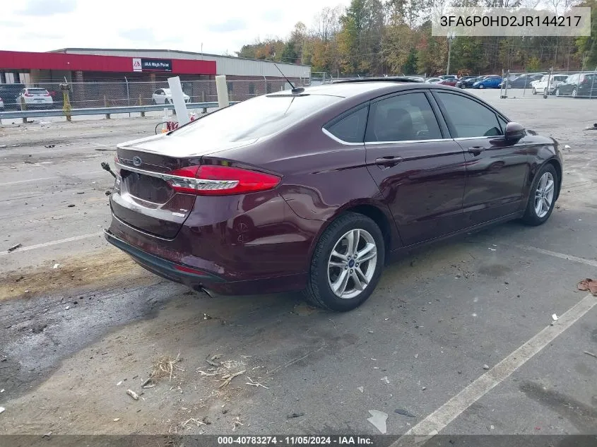 2018 Ford Fusion Se VIN: 3FA6P0HD2JR144217 Lot: 40783274