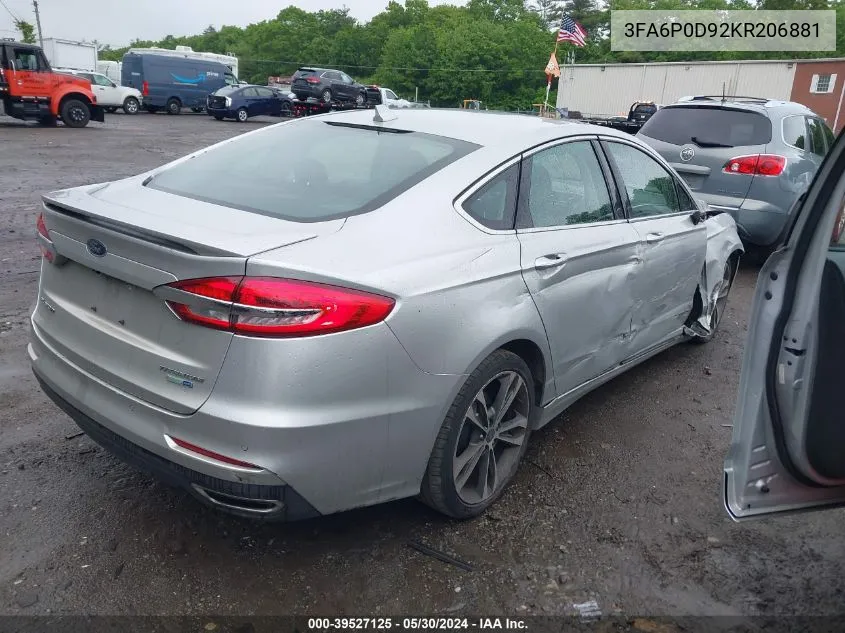 2019 Ford Fusion Titanium VIN: 3FA6P0D92KR206881 Lot: 39527125