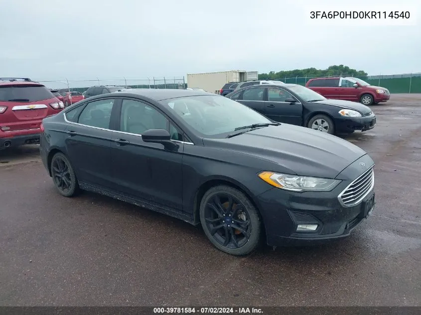 2019 Ford Fusion Se VIN: 3FA6P0HD0KR114540 Lot: 39781584