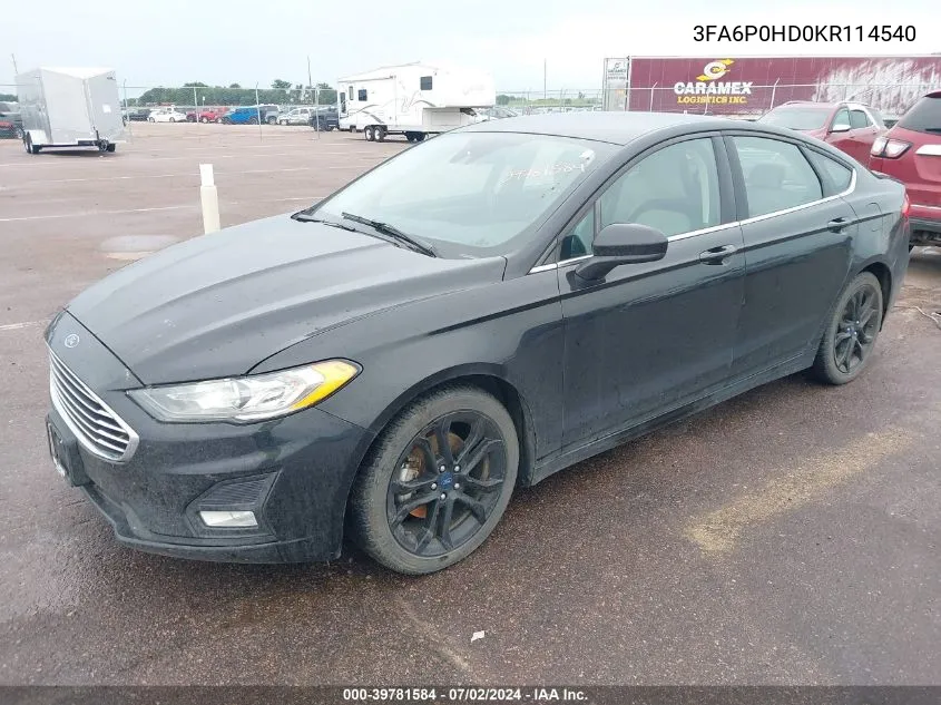 2019 Ford Fusion Se VIN: 3FA6P0HD0KR114540 Lot: 39781584