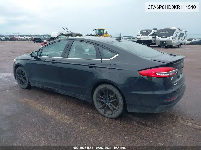 2019 Ford Fusion Se VIN: 3FA6P0HD0KR114540 Lot: 39781584