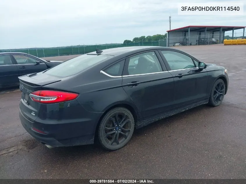 2019 Ford Fusion Se VIN: 3FA6P0HD0KR114540 Lot: 39781584