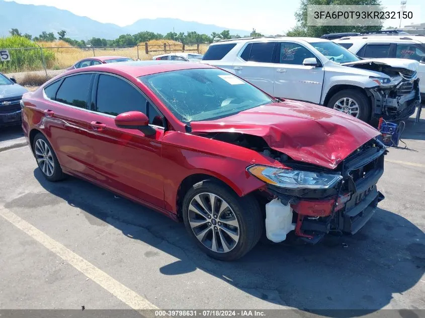 2019 Ford Fusion Se VIN: 3FA6P0T93KR232150 Lot: 39798631