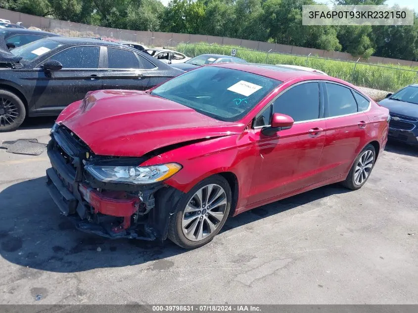 2019 Ford Fusion Se VIN: 3FA6P0T93KR232150 Lot: 39798631