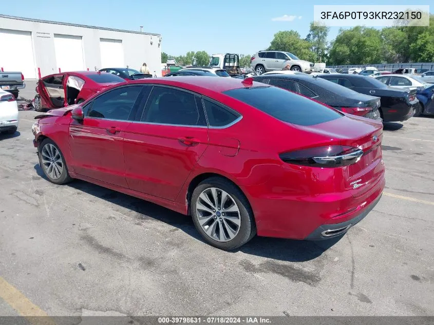 2019 Ford Fusion Se VIN: 3FA6P0T93KR232150 Lot: 39798631