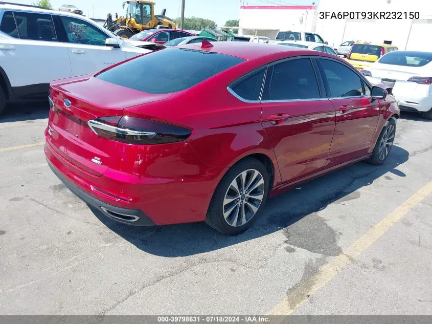 2019 Ford Fusion Se VIN: 3FA6P0T93KR232150 Lot: 39798631