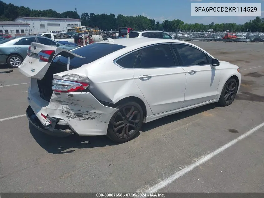 2019 Ford Fusion Sel VIN: 3FA6P0CD2KR114529 Lot: 39807658