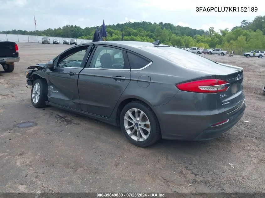 2019 Ford Fusion Hybrid Se VIN: 3FA6P0LU7KR152189 Lot: 39849830