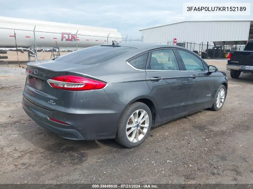 2019 Ford Fusion Hybrid Se VIN: 3FA6P0LU7KR152189 Lot: 39849830