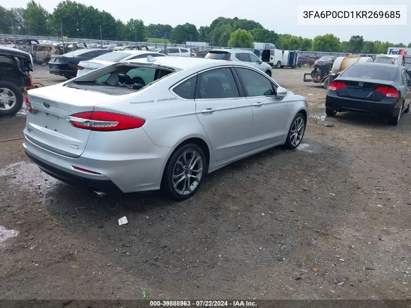 2019 Ford Fusion Sel VIN: 3FA6P0CD1KR269685 Lot: 39888963