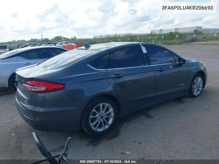 2019 Ford Fusion Hybrid Se VIN: 3FA6P0LU4KR206693 Lot: 39897763