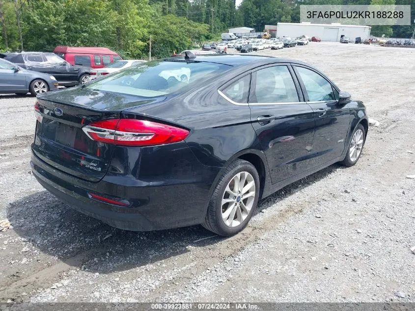 2019 Ford Fusion Hybrid Se VIN: 3FA6P0LU2KR188288 Lot: 39923581