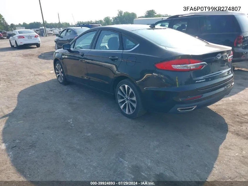 2019 Ford Fusion Se VIN: 3FA6P0T99KR274807 Lot: 39924893