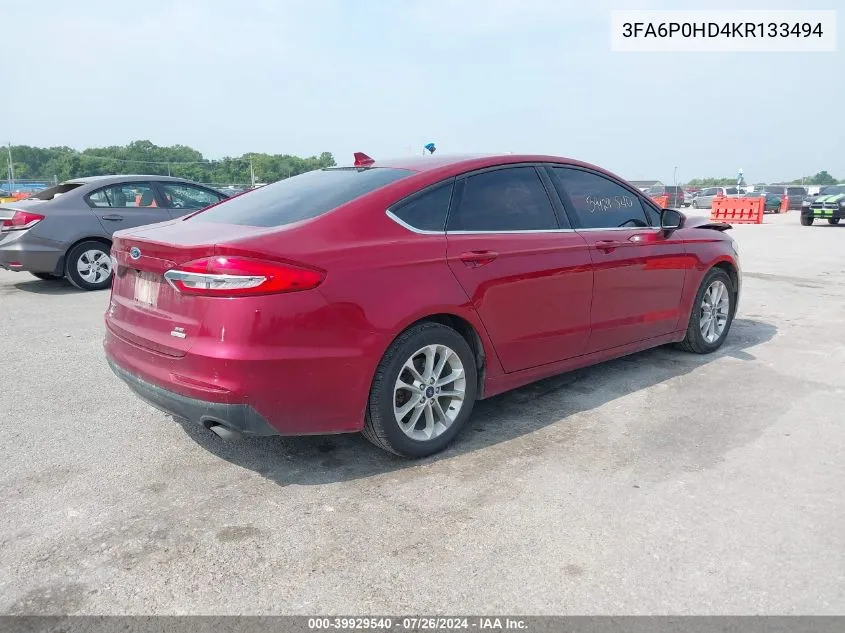 2019 Ford Fusion Se VIN: 3FA6P0HD4KR133494 Lot: 39929540